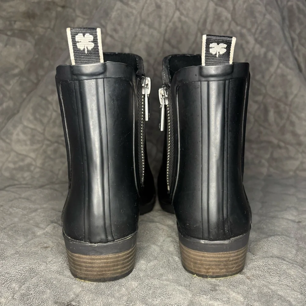 Trendy Lucky Brand Black Rubber Ankle Rain Boots with Zipper & Short Heel